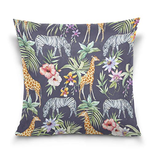 Use7 Kissenbezug, dekorativer Kissenbezug, quadratisch, Tropische Wasserfarben, Zebra-Giraffe, Hibiskusblüte, Sofa, Bett, Kissenbezug, doppelseitig, Textil, Mehrfarbig, 40 x 40cm/16 x 16 Inches von Use7