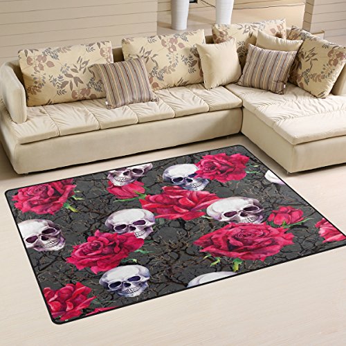 Use7 Rutschfeste Fußmatte mit Totenkopf-Rosen-Motiv, Textil, mehrfarbig, 100 x 150 cm(3' x 5' ft) von Use7