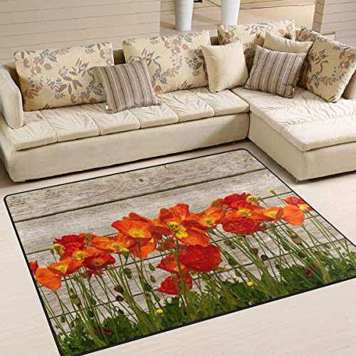 Use7 Teppich, Motiv Mohnblume auf Holz, Rot, Textil, multi, 203cm x 147.3cm(7 x 5 feet) von Use7