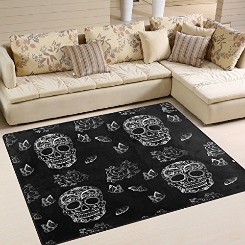 Use7 Teppich, Motiv: Totenkopf, Schmetterling, Rose, Blumen, f¨¹r Wohnzimmer, Schlafzimmer, Schwarz, Textil, Mehrfarbig, 203cm x 147.3cm(7 x 5 feet) von Use7