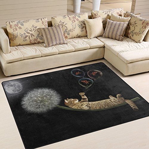 Use7 Teppich mit Katze auf Löwenzahnfliegen im Nachthimmel, für Wohnzimmer, Schlafzimmer, 160 x 122 cm von Use7