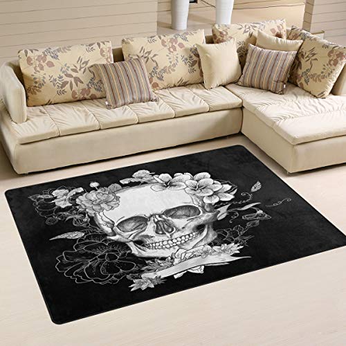 Use7 Teppich mit Motiv Totenkopf, Rose und Blumen, für Wohn- und Schlafzimmer, Schwarz, Weiß, 50 x 80 cm von Use7