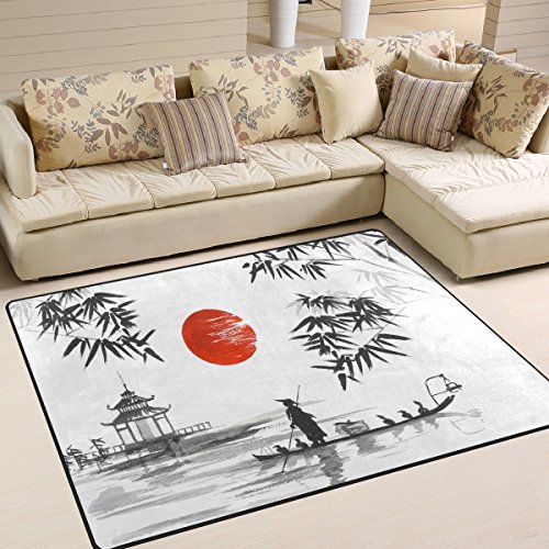 Use7 Traditioneller japanischer Teppich, Motiv: Berg, Bambus, Sonne, Landschaft, Natur, Textil, Mehrfarbig, 203cm x 147.3cm(7 x 5 feet) von Use7
