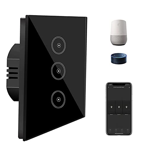 Alexa Smart Lichtschalter, UseeLink WLAN Gehärtetes Glas Touchscreen Schalter, 3 Gang 2 Way, Kompatibel mit Alexa/Google Home, Fernbedienung, Timer, Neutralleiter Erforderlich, Schwarz (1 Pack) von UseeLink