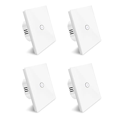 Smart Lichtschalter, Wlan Alexa Lichtschalter 1 Gang, Gehärtetes Glas Touch-schalter, Arbeitet mit Alexa & Google, APP Fernbedienung, Timing-Funktion, Nullleiter Erforderlich, Weiß 4 pack von UseeLink
