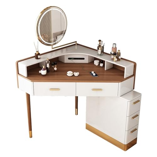UsmAsk Kommode, moderner Eck-Waschtisch, große Eckkommode mit Schrank und drehbarem Spiegel, Schminktisch mit Schubladen und Nachttisch, brauner Schreibtisch, Kommode für Schlafzimmer von UsmAsk
