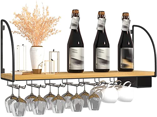 UsmAsk Wandmontierte Weinregale mit Holzregal, Weinflaschen- und Weinglashalter aus Eisenkunst, Organizer für Stielgläser, natürliche Heimdekoration von UsmAsk