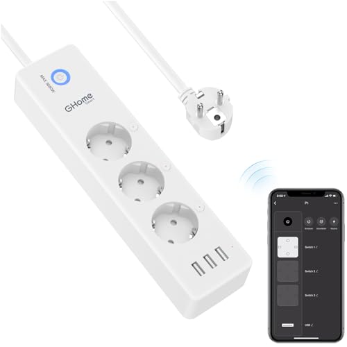 GHome Smart WLAN Steckdosenleiste mit 3 AC-Steckdose und 3 USB,Separat Gesteuert Schalter mit Mehrfachsteckdose,Stromverbrauch Messen,App-Steuerung,Kompatibel mit Alexa,Google Home,Nur 2,4GHz,16A,1.5M von GHome Smart