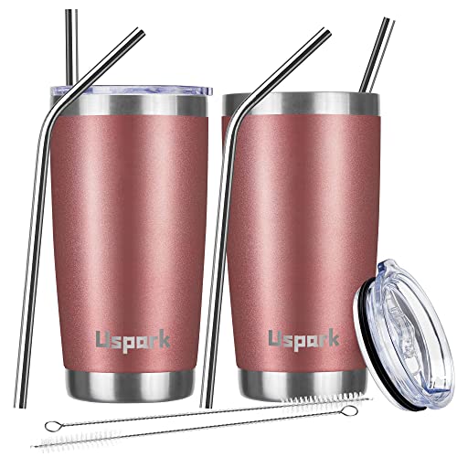 UsparkMC 550ml Thermo Trinkbecher aus Edelstahl mit Strohhalm，20oz Coffee to go Becher mit Deckel, Doppelwandig Vakuum Isolierbecher für heißen und kalten Kaffee (2pack 20oz/550ml,rose gold) von UsparkMC