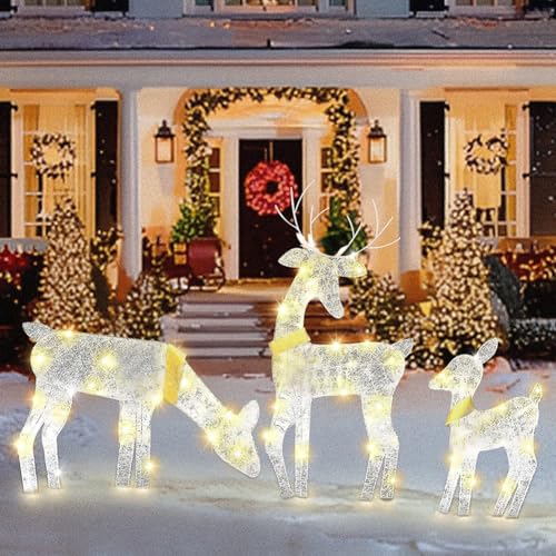 LED Rentier Beleuchtet Weihnachtshirsch, 3 Stück Familie beleuchteter Hirsch Deko Weihnachten,Terrasse, Metall Elch Weihnachts- und Feiertagsdekoration für Den Hof für Innen Außen von Usper