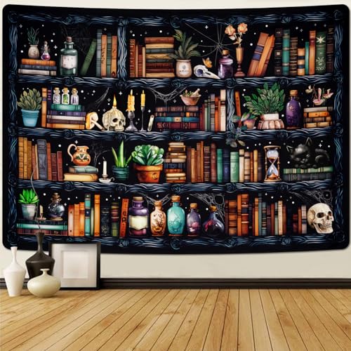 Uspring Bücherregal-Wandteppich, magischer Buch-Wandteppich, Gothic-Totenkopf-Wandteppich, Vintage, botanischer Wandteppich, schwarze Katze, Wandbehang für Schlafzimmer, Heimdekoration (130 x 150 cm) von Uspring