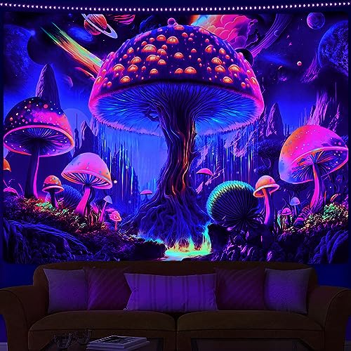 Uspring Pilz-Tapisserie Schwarzlicht Wald Tapisserie Hippie Baum des Lebens Tapisserie UV reaktiver Weltraum Wandteppich bunter großer Wandteppich Wandbehang Schwarzlicht Wandteppich für Schlafzimmer von Uspring