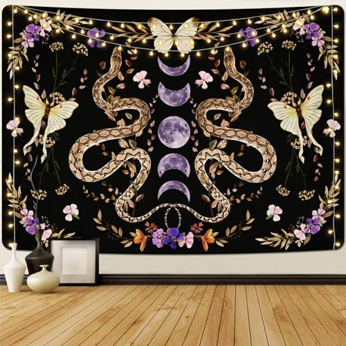 Uspring Schlangen-Boho-Mandala-Wandbehang, Mondphase, Blumenpflanzen, großer Schmetterling, Wandteppich, für Schlafzimmer, ästhetisch, Schwarz / Violett (150,1 x 210,1 cm) von Uspring