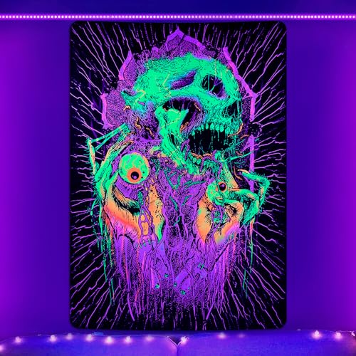 Uspring Schwarzlicht-Gothic-Totenkopf-Wandteppich, Trippy-Augen, psychedelisches Skelett, UV-Augapfel – dunkler Wandteppich für Schlafzimmer (150,1 x 210,1 cm) von Uspring