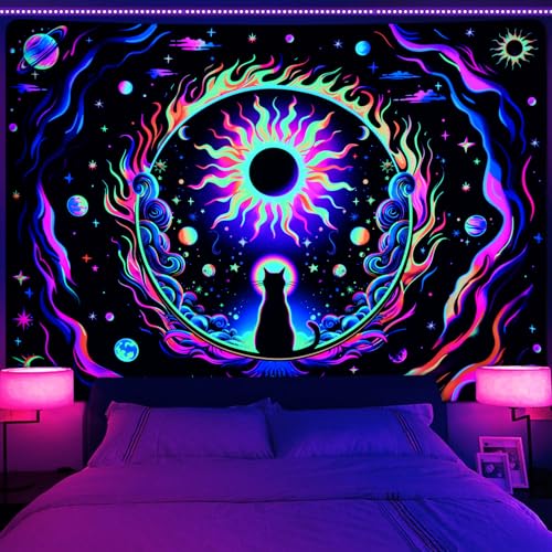 Uspring Schwarzlicht-Katze, UV-reaktiver Weltraum, psychedelischer Mond und Stern, Neon-Sonnenfinsternis, Wandteppich für Schlafzimmer und Wohnzimmer (150,1 x 150,1 cm) von Uspring