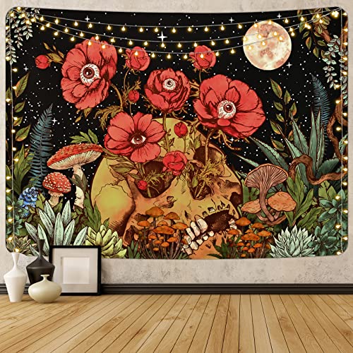 Uspring Totenkopf Blumen Tapisserie Blumen Skelett Tapisserie Mond Garten Tapisserie Pilz Pflanzen Tapisserie Trippy Vintage Tapisserie Wandvorhang Wandbehang für Zimmer (59,1 × 210,1 cm) von Uspring