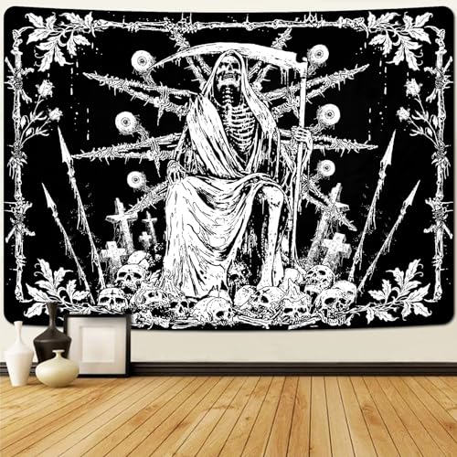Uspring Totenkopf-Wandbehang, schwarzes Gothic-Skelett, Sensenmann, Hippie-Wandteppich für Schlafzimmer, Heimdekoration (150,1 x 210,1 cm) von Uspring