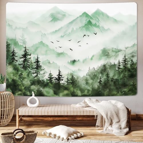 Uspring Wandteppich, Motiv: Nebelwald, Bergwandteppich, Naturlandschaft, Wandteppich, großer grüner Wandteppich für Schlafzimmer, ästhetisch (150,1 x 210,1 cm), Grün + Weiß von Uspring