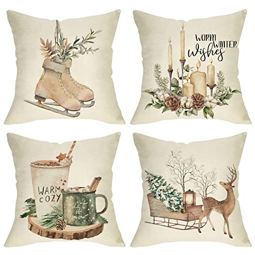 Ussap Warme Winterwünsche, dekorativer Überwurf-Kissenbezug, 4er-Set, Rentier, Elch, Skating-Stiefel, Let It Snow, Dekoration, Tannenbaumzapfen, Kerze, heißer Kakao, Bauernhaus, Dekor, 45.7x45.7 cm Ussap Warme Winterwünsche, dekorativer Überwurf-Kissenbezug, 4er-Set, Rentier, Elch, Skating-Stiefel, Let It Snow, Dekoration, Tannenbaumzapfen, Kerze, heißer Kakao, Bauernhaus, Dekor, 45.7x45.7 cm von Ussap