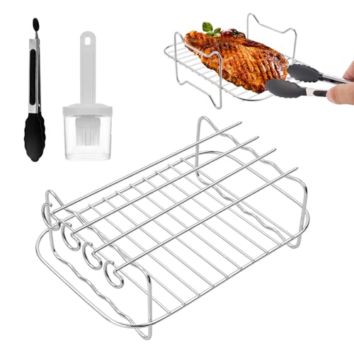 Utapossin Grillrost aus Edelstahl, Heißluftfritteuse Grillrost, Wiederverwendbares Doppel-Heißluftfritteusen Zubehör, mit 4 Grillstäbchen + 1 Ölbürste und 1 Lebensmittel-Clips von Utapossin