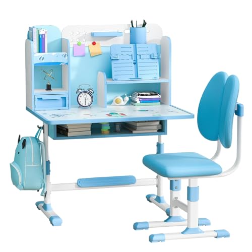 Utaxuper Kinderschreibtisch 2Pcs Mit Stuhl höhenverstellbar Ergonomisch Schülerschreibtisch Jungen Mädchen Schreibtisch mit Schublade Sitzkorrektur Bücherregal Fußstütze Lernen Lesen Pink/Blau von Utaxuper