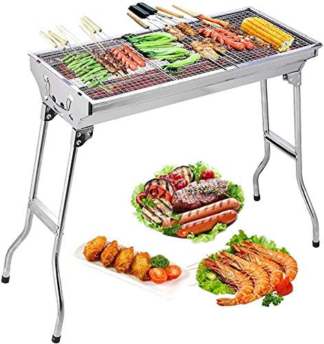 Uten Edelstahl BBQ Holzkohlegrill Räuchergrill Faltbar Tragbar für Kochen im Freien Camping Wandern Picknick Rucksackreisen Groß Silber von Uten