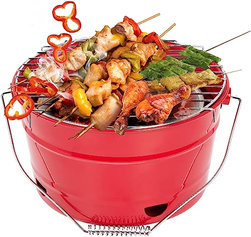 Uten Grill Tragbarer Grilleimer mit Griff, Leckeres BBQ, Picknickgrill mit Großer Grillfläche, Holzkohle, Durchmesser 27,5 cm, Geeignet für 1-4 Personen, Rot von Uten