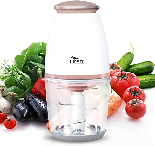 Uten Mini Zerkleinerer, 700mL Elektrisch Küche Mixbehälter Zwiebelschneider Spritzfest Fleischwolf mit 4-flügeliges Spezialmesser für Fleisch, Smoothie,Zwiebeln, Obst, Gemüse von Uten