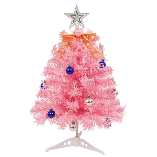 Uten Rosa Mini Weihnachtsbaum, 55 cm Kleiner Tannenbaum für den Schreibtisch mit 30 LED Lichterketten, Sterne, Schleifen und 15 Weihnachtskugeln für Büro, Wohnzimmer, Fensterbank Weihnachtsdekoration von Uten