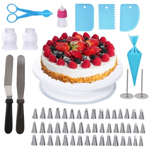 Uten Tortenplatte Drehbar, Torten Zubehör Set 62 Teillig mit Spritztüllen, Spatel, Spritzbeutel, Blumennägel, Schaber, Kuchen Set für Anfänger und Profi Backzubehör von Uten