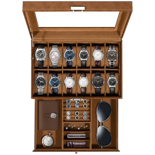 Uten Uhrenbox, 12 Fächern und 1 Schublade mit Schlüsselschloss, Glasdeckel, Braunes PU, Braunes Samtfutter, Herausnehmbare Kissen, Schmuckaufbewahrungsbox, Geschenkidee Uten Uhrenbox, 12 Fächern und 1 Schublade mit Schlüsselschloss, Glasdeckel, Braunes PU, Braunes Samtfutter, Herausnehmbare Kissen, Schmuckaufbewahrungsbox, Geschenkidee von Uten