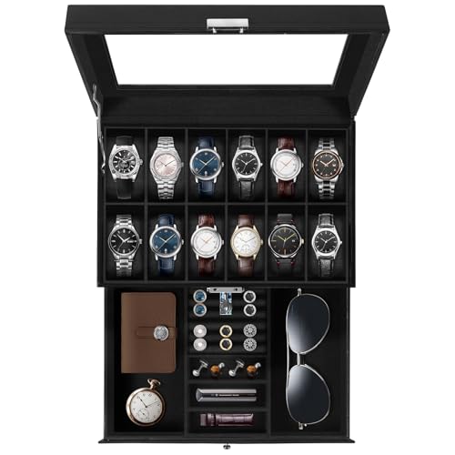 Uten Uhrenbox, 12 Fächern und 1 Schublade mit Schlüsselschloss, Glasdeckel, Schwarzes PU, Schwarzes Samtfutter, Herausnehmbare Kissen, Schmuckaufbewahrungsbox, Geschenkidee Uten Uhrenbox, 12 Fächern und 1 Schublade mit Schlüsselschloss, Glasdeckel, Schwarzes PU, Schwarzes Samtfutter, Herausnehmbare Kissen, Schmuckaufbewahrungsbox, Geschenkidee von Uten