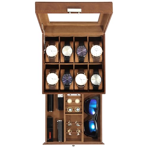 Uten Uhrenbox, 8 Fächern und 1 Schublade mit Schlüsselschloss, Glasdeckel, Braunes PU, Braunes Samtfutter, Herausnehmbare Kissen, Schmuckaufbewahrungsbox, Geschenkidee Uten Uhrenbox, 8 Fächern und 1 Schublade mit Schlüsselschloss, Glasdeckel, Braunes PU, Braunes Samtfutter, Herausnehmbare Kissen, Schmuckaufbewahrungsbox, Geschenkidee von Uten