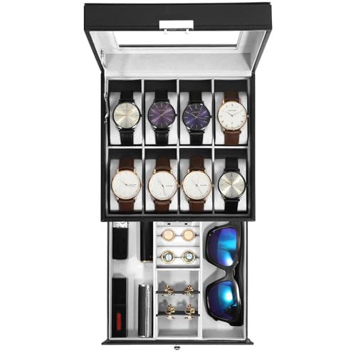 Uten Uhrenbox, 8 Fächern und 1 Schublade mit Schlüsselschloss, Glasdeckel, Schwarzes PU, Graues Samtfutter, Herausnehmbare Kissen, Schmuckaufbewahrungsbox, Geschenkidee Uten Uhrenbox, 8 Fächern und 1 Schublade mit Schlüsselschloss, Glasdeckel, Schwarzes PU, Graues Samtfutter, Herausnehmbare Kissen, Schmuckaufbewahrungsbox, Geschenkidee von Uten