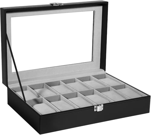 Uten Uhrenbox für 12 Uhren, Uhrenkasten Uhrenschatulle aus PU und Samftfutter mit klarem Fenster, Uhrenkoffer Geschenk von Uten