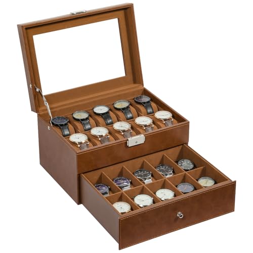 Uten Uhrenbox mit 20 Fächern, Glasdeckel, Braunes PU, Braunes Samtfutter, Herausnehmbare Kissen, Schmuckaufbewahrungsbox, Geschenkidee Uten Uhrenbox mit 20 Fächern, Glasdeckel, Braunes PU, Braunes Samtfutter, Herausnehmbare Kissen, Schmuckaufbewahrungsbox, Geschenkidee von Uten