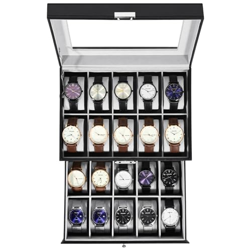Uten Uhrenbox mit 20 Fächern, Glasdeckel, Schwarzes PU, Graues Samtfutter, Herausnehmbare Kissen, Schmuckaufbewahrungsbox, Geschenkidee Uten Uhrenbox mit 20 Fächern, Glasdeckel, Schwarzes PU, Graues Samtfutter, Herausnehmbare Kissen, Schmuckaufbewahrungsbox, Geschenkidee von Uten