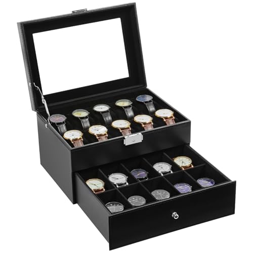 Uten Uhrenbox mit 20 Fächern, Glasdeckel, Schwarzes PU, Schwarzes Samtfutter, Herausnehmbare Kissen, Schmuckaufbewahrungsbox, Geschenkidee Uten Uhrenbox mit 20 Fächern, Glasdeckel, Schwarzes PU, Schwarzes Samtfutter, Herausnehmbare Kissen, Schmuckaufbewahrungsbox, Geschenkidee von Uten
