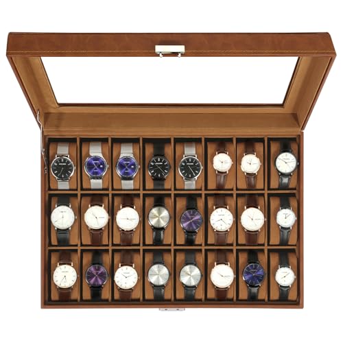 Uten Uhrenbox mit 24 Fächern, Uhrenbox mit Schlüsselschloss, Glasabdeckung, Uhrendisplay Aufbewahrungsbox für Damen und Herren, Braunes PU, Braunes Samtfutter, Geschenkidee von Uten