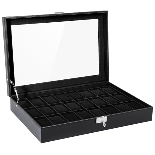 Uten Uhrenbox mit 24 Fächern, Uhrenbox mit Schlüsselschloss, Glasabdeckung, Uhrendisplay Aufbewahrungsbox für Damen und Herren, Schwarzes PU, Schwarzes Samtfutter, Geschenkidee Uten Uhrenbox mit 24 Fächern, Uhrenbox mit Schlüsselschloss, Glasabdeckung, Uhrendisplay Aufbewahrungsbox für Damen und Herren, Schwarzes PU, Schwarzes Samtfutter, Geschenkidee von Uten