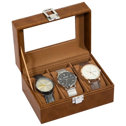 Uten Uhrenbox mit 3 Fächern, Uhrenbox mit Glasabdeckung, Uhrendisplay Aufbewahrungsbox für Damen und Herren, Braunes PU, Braunes Samtfutter, Geschenkidee Uten Uhrenbox mit 3 Fächern, Uhrenbox mit Glasabdeckung, Uhrendisplay Aufbewahrungsbox für Damen und Herren, Braunes PU, Braunes Samtfutter, Geschenkidee von Uten