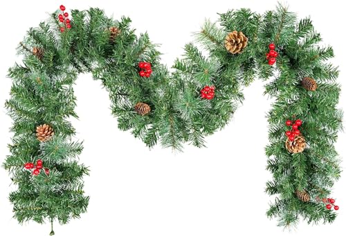 Weihnachtsgirlande 270 m, Uten Künstliche Girlande Grün mit Tannenzapfen,rote Beeren und Schnee, für Innen und Aussen, Tür, Treppe, Hochzeit, Weihnachten von Uten