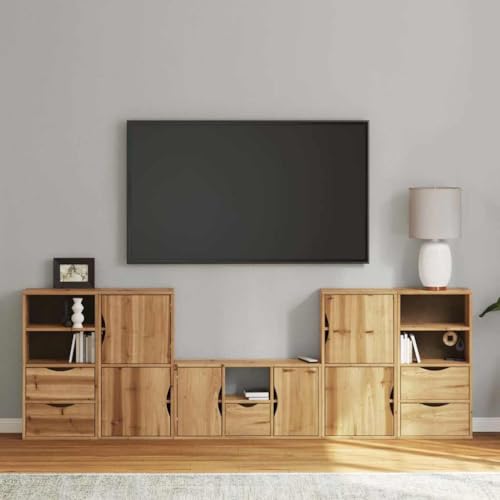 Utiny 5-TLG. Wohnwand mit Stauraum ODDA TV-Schrank, TV-Ständer, TV-Bank, TV-Möbel, TV-Board, TV-Sideboard, Fernsehschrank Natur Massivholz Kiefer(5 Shelves 5 Drawers) von Utiny