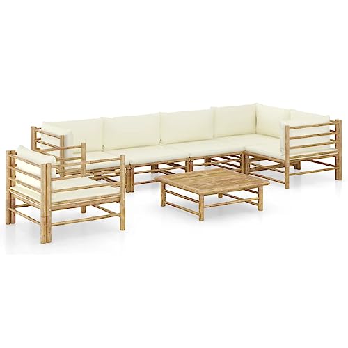 Utiny 7-TLG. Garten-Lounge-Set mit Cremeweißen Kissen Bambus(2X Mittelteil + 3X Eckteil + Sessel + Tisch) von Utiny
