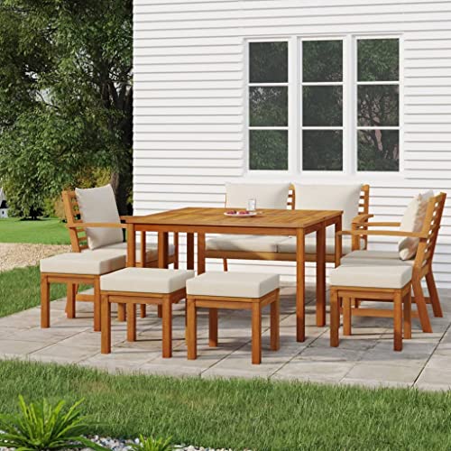 Utiny 9-TLG. Garten-Essgruppe mit Kissen Massivholz Akazie Cremeweiß(Bank + 2X Stuhl + 4X Fußstütze + 2X Tisch) von Utiny