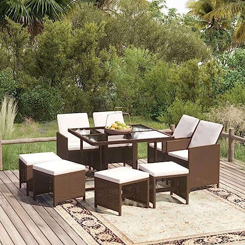 Utiny 9-TLG. Garten-Essgruppe mit Kissen Poly Rattan Braun 109 cm Tischlänge(4X Sessel + 4X Fußstütze + Tisch) von Utiny