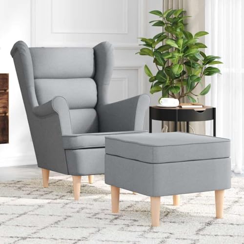 Utiny Ohrensessel Sessel mit Fußhocker Hellgrau Stoff Gepolstert Loungesessel Holzbeine bis 110 kg von Utiny
