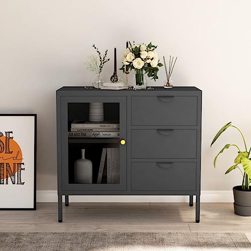 Utiny Sideboard Kommode Schrank Anthrazit 75x35x70 cm Stahl und Hartglas von Utiny