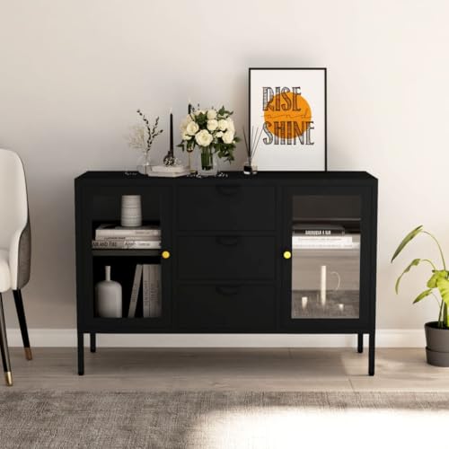 Utiny Sideboard Kommode Schrank Schwarz 105x35x70 cm Stahl und Hartglas von Utiny