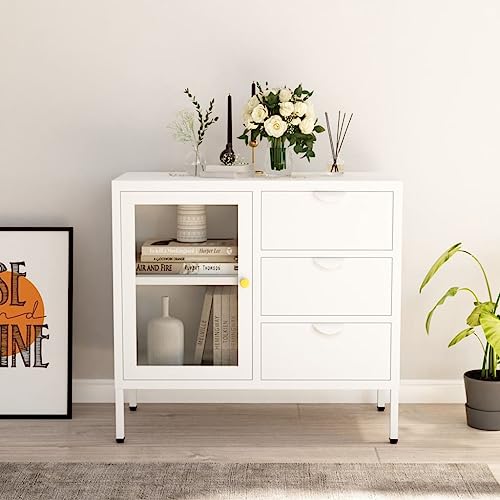 Utiny Sideboard Kommode Schrank Weiß 75x35x70 cm Stahl und Hartglas von Utiny